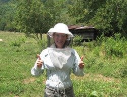 Alison wearing bee hood