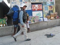 Justin backpacking in an urban environment